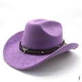 Close-up of purple felt cowboy hat with leather band and silver bull head ornament - M (56-59cm) / Taro Purple (Suede)