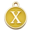 Yellow enamel round charm with golden letter X for DIY necklaces and bracelets - Letter X Style / 1 Piece (12x14mm) / Yellow