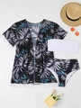 Détail d'un ensemble bikini à imprimé palmier avec pompons blancs sur le kimono - S / Feuille Noire et Bleu Ciel
