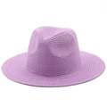 Detail of light purple woven wide-brim sun hat with classic indented crown design - One Size 58cm / Violet