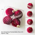 Set di 4 palline di Natale in velluto rosso con perle e glitter oro da 8cm cadauna - Borgogna