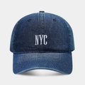Retro dark blue denim baseball cap with white NYC embroidery and curved brim - Adjustable / Dark Blue
