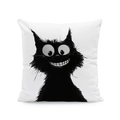 Close-up of white square pillowcase with black cartoon cat illustration on white background - Line Art Cat