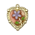 Golden heart pendant with purple enamel flowers and green leaves on white background - Light Pink Heart Purple Flower Leaf-22082