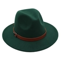 Detailed view of dark green fedora hat with brown leather band and silver ring buckle - Dark Green