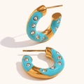 Sky blue enamel C-shaped gold hoop earrings with sparkling zircon inlay details - Gold + Blue