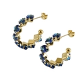 Elegant gold C-shaped earrings with blue square zircons displayed as a pair - Blue Rhinestone