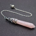 Pink quartz crystal pendulum necklace with silver hollow metal cap and faceted hex point - Hollow Chain / Rose Quartz