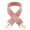 Close-up of bohemian style woven 5cm wide bag strap with pink floral embroidery - Pink