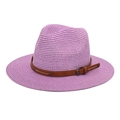 Detail of purple woven straw Panama hat featuring a brown leather band and metallic buckle - M (56-58cm) / Taro Purple