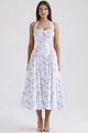 Detail of the halter neck tie and blue floral print on the slim fit summer maxi dress - White with Blue Flowers