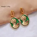 Vintage green enamel cameo earrings with gold metal and freshwater pearl accents - 【B-25】Green Cameo Portrait Rose