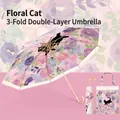 French vintage double-layer umbrella with flower cat pattern and golden J-hook handle - Gold Curved Handle-Double Layer Cat Flower Bush