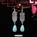 Vintage silver owl earrings with turquoise waterdrop pendant and ethnic floral accents - 6-Owl Turquoise