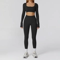 Seamless black yoga set with square neck long sleeve top and high waist leggings - S / Long Sleeve + Leggings / Premium Black