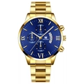 Dettaglio del quadrante dell'orologio in oro con numeri romani e display blu scuro - Cinturino Oro Quadrante Blu Lancette Oro