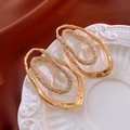 Gold-plated hollow oval earrings with sparkling rhinestones in a vintage aesthetic - Hollow Oval Stud Earrings (HE21311) / Gold