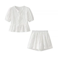 White cotton two-piece summer set with floral embroidery and tie-front top with shorts - S / Top And Bottom / White