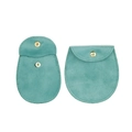Detail of teal velvet jewelry pouch with gold snap button, open and closed view - 7.5x11.5cm / Lake Blue