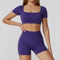 Women's dark purple seamless yoga set with square neck crop top and high waist shorts - S / Short Sleeve + Shorts / Navy Blue