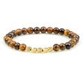 Natural tiger eye beaded bracelet with five polished golden heart-shaped metal charms - Tiger Eye Stone Bracelet