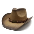 Cappello da cowboy in paglia dipinto a mano con sfumatura e distintivo teschio in bronzo - M (56-58cm) / Gradiente Marrone Cachi