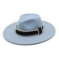 Detail of light blue wool fedora hat featuring a black ribbon with white pearl trim - M (56-58cm) / Sky Blue