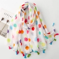 Linen feel white scarf with vibrant colorful polka dots and fringe tassels for women - White Base Colorful Polka Dot Pattern (SL2401-013)