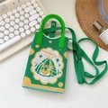 Detail of green knit phone bag with retro geometric pattern and adjustable strap - Geometric Flower Pattern Green