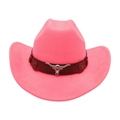 Detail of hot pink cowboy hat featuring leather band and silver bull head metal ornament - Rose Pink