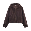 Front view of a brown minimalist French style hooded jacket with central zipper - XS / Brown