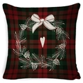 Christmas pillowcase featuring red and green tartan plaid with a white pinecone wreath - A-31