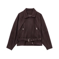 Women's dark brown faux suede moto jacket with lapels and waist belt on white background - S / Dark Brown