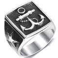 Macro view of vintage stainless steel ring with anchor relief and star detail - 23202