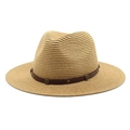 Classic straw fedora hat with brown leather band and vintage metal studs for beach sun protection - M (56-58cm) / Khaki