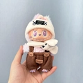 Pink plush doll accessory with white knit hat, scarf and brown overalls in high detail - Black Plaid Bear Outfit / First And Second Generation Keychains Are Compatible With La Cloth Dolls. Dolls Not Included.