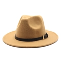 Detailed close-up of khaki wool fedora hat featuring black leather belt and gold buckle - Camel