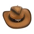 Brown western cowboy straw hat with vintage leather band and silver bull head detail - One Size / Khaki 3 (Black Leather Bull Head)