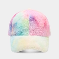 Close-up of colorful tie-dye plush baseball cap showing soft gradient faux fur texture - Adjustable / Tie-dye Mix Pink Purple Green Yellow (Color 2)