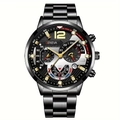 Business quartz watch with silver steel strap and black dial featuring chronograph sub-dials - Black Silver Gold