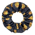 Elastic black satin hair scrunchie featuring vibrant yellow softball patterns with red stitching - Softball Black