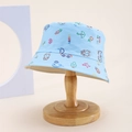Detail of light blue cotton sun hat featuring colorful cartoon bear and car prints - Kids One Size / Light Blue (Happy Print)