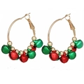 Detail of gold hoop earrings with festive red and green mini bells for Christmas - Globe Bead