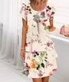 Short sleeve beige floral chiffon tiered dress for women with 3D print and round neck - S / Tops / Off-white Floral