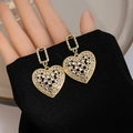 Elegant gold heart drop earrings with pave white rhinestones and textured rectangle link - E4932 Gold Heart Full Rhinestone Pendant