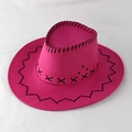 Detail of rose red suede cowboy hat with black decorative stitching and side ventilation - Rose Red