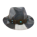 Ethnic style kids fedora with blue denim patchwork print and turquoise belt detailing - Kids Size / Black