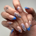 Blue French press-on nails with 3D gold snake, eye details and star accents - Bz1432 Blue Gold Snake Eye / Jelly Glue + Nail File