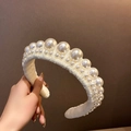 French vintage white plush headband with elegant twisted pearls for a sweet aesthetic style - Style 18-Beige Plush Pearl