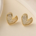 Elegant gold plated heart stud earrings with cubic zirconia on white satin fabric - Heart Full Drill Style (45284) / Gold